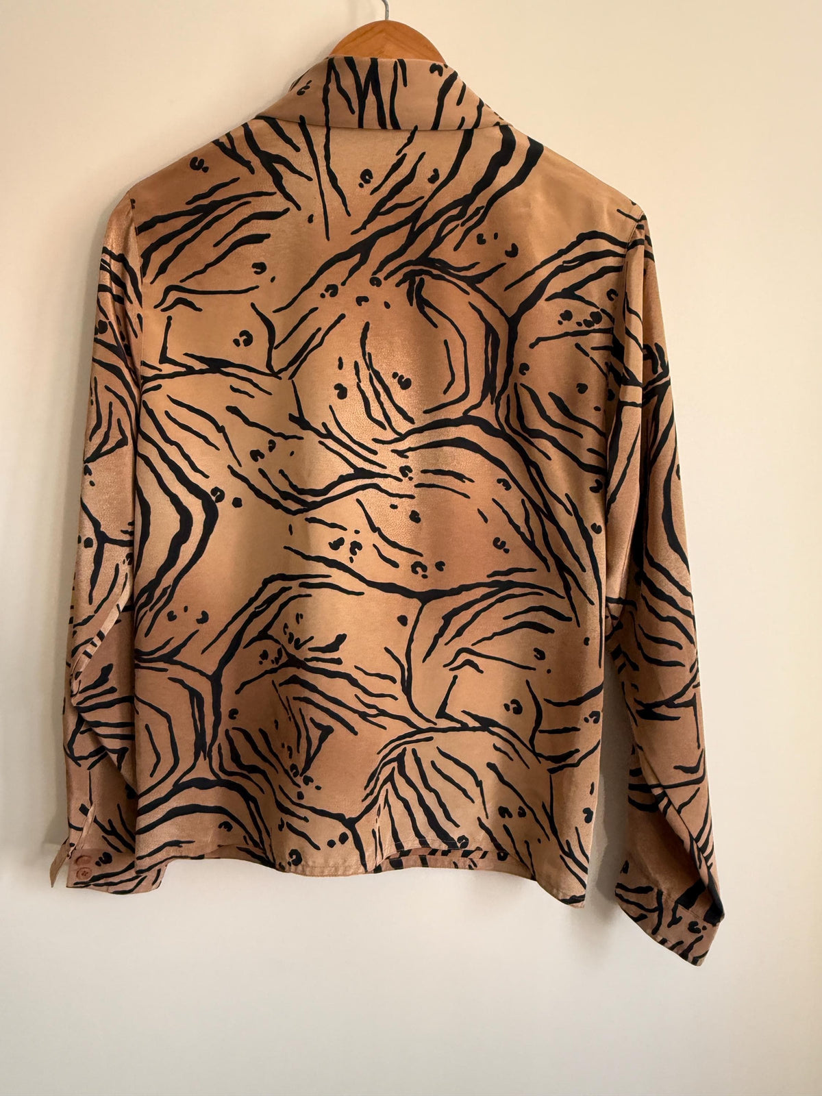 Vintage Windsmoor Abstract Pussy Bow Blouse | 80s Tan & Black Printed Shirt | Secretary Blouse | Long Sleeve Office Top | UK 12-14