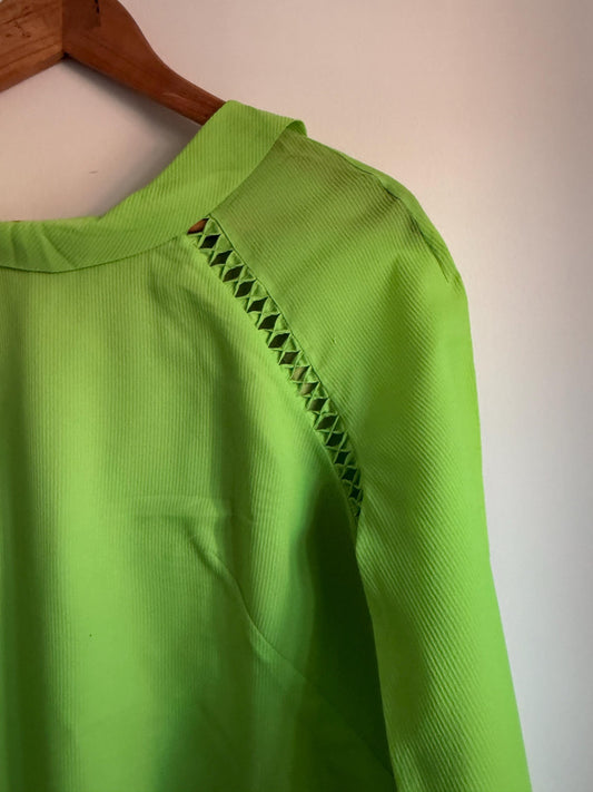 Vintage 1970s Lime Green Collared Shift Dress | Openwork Trim Retro Day Dress