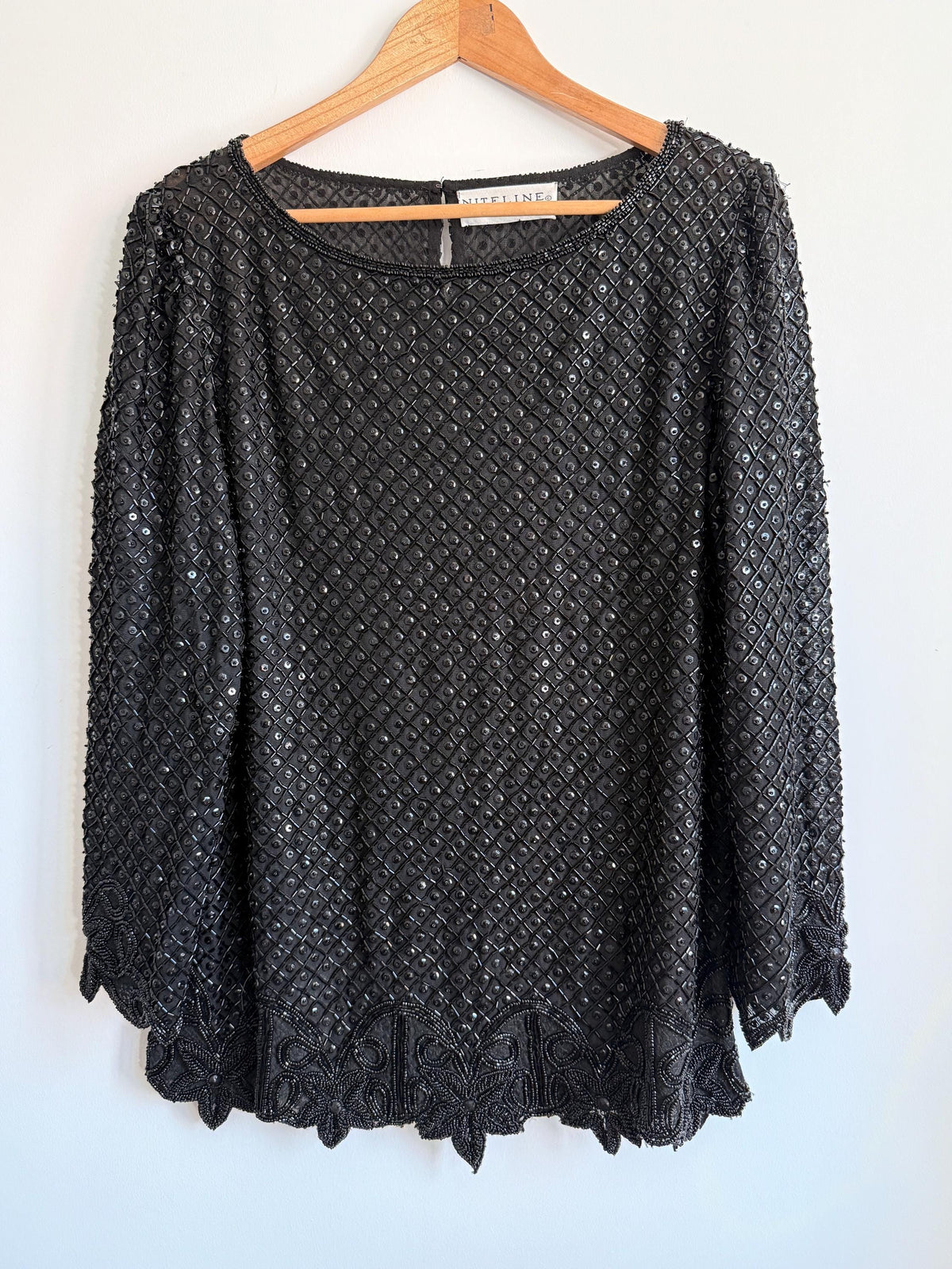 Vintage Niteline Black Beaded Sequin Evening Top – Hand Embellished Glamour Blouse