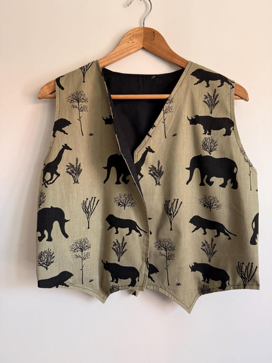 Vintage Safari Animal Print Waistcoat | Elephants, Lions, Giraffes, Rhinos, Trees