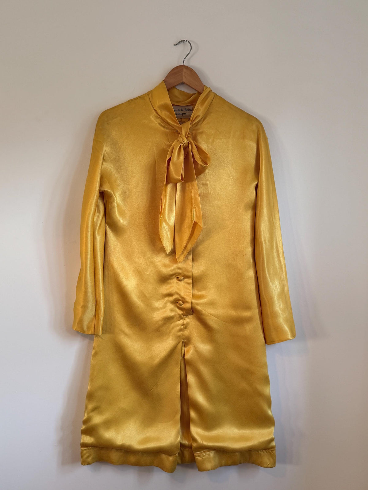 Vintage Oscar de la Renta Boutique Silk Dress Golden Satin Pussy Bow Cocktail Dress Designer Evening Dress Luxury Vintage Occasion Dress