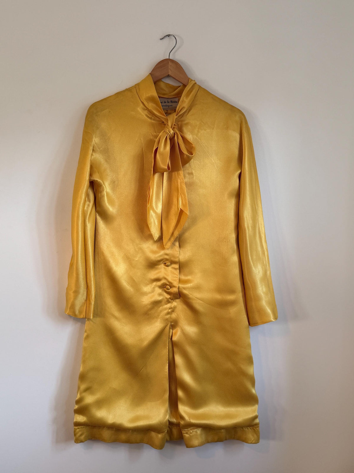 Vintage Oscar de la Renta Boutique Silk Dress Golden Satin Pussy Bow Cocktail Dress Designer Evening Dress Luxury Vintage Occasion Dress