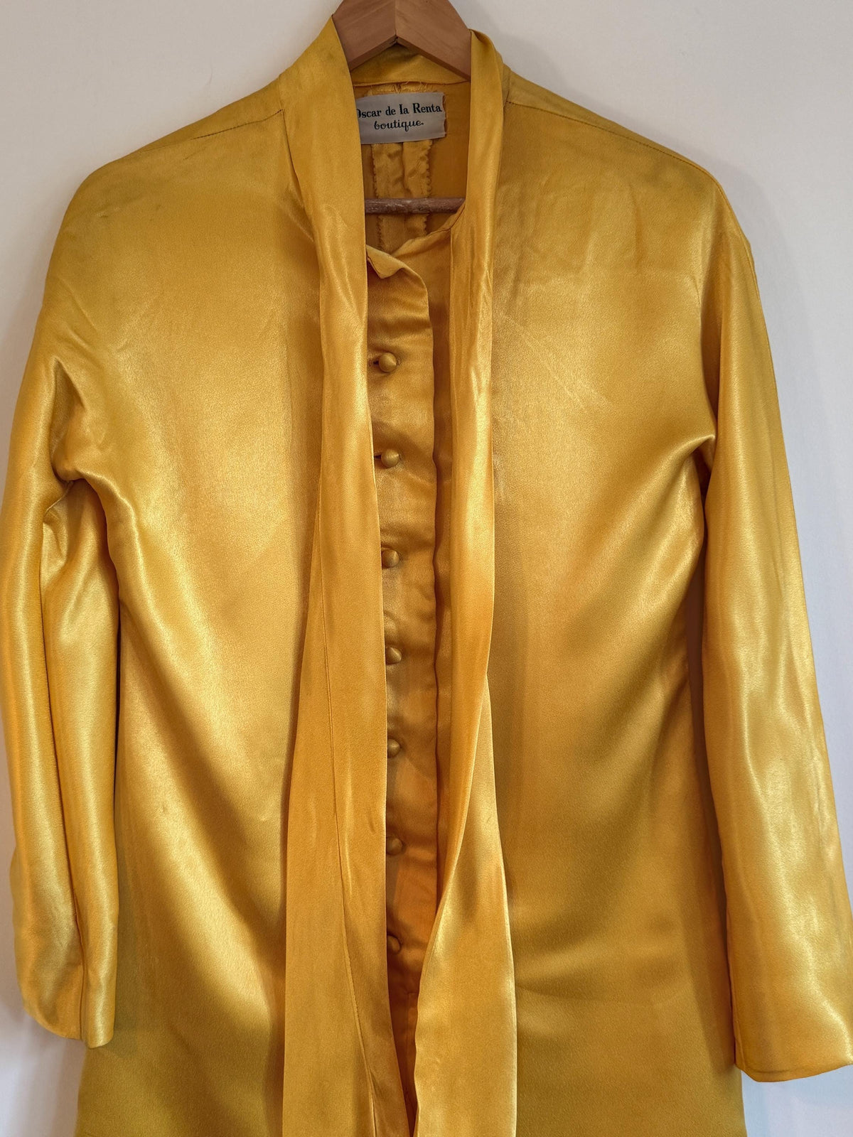 Vintage Oscar de la Renta Boutique Silk Dress Golden Satin Pussy Bow Cocktail Dress Designer Evening Dress Luxury Vintage Occasion Dress