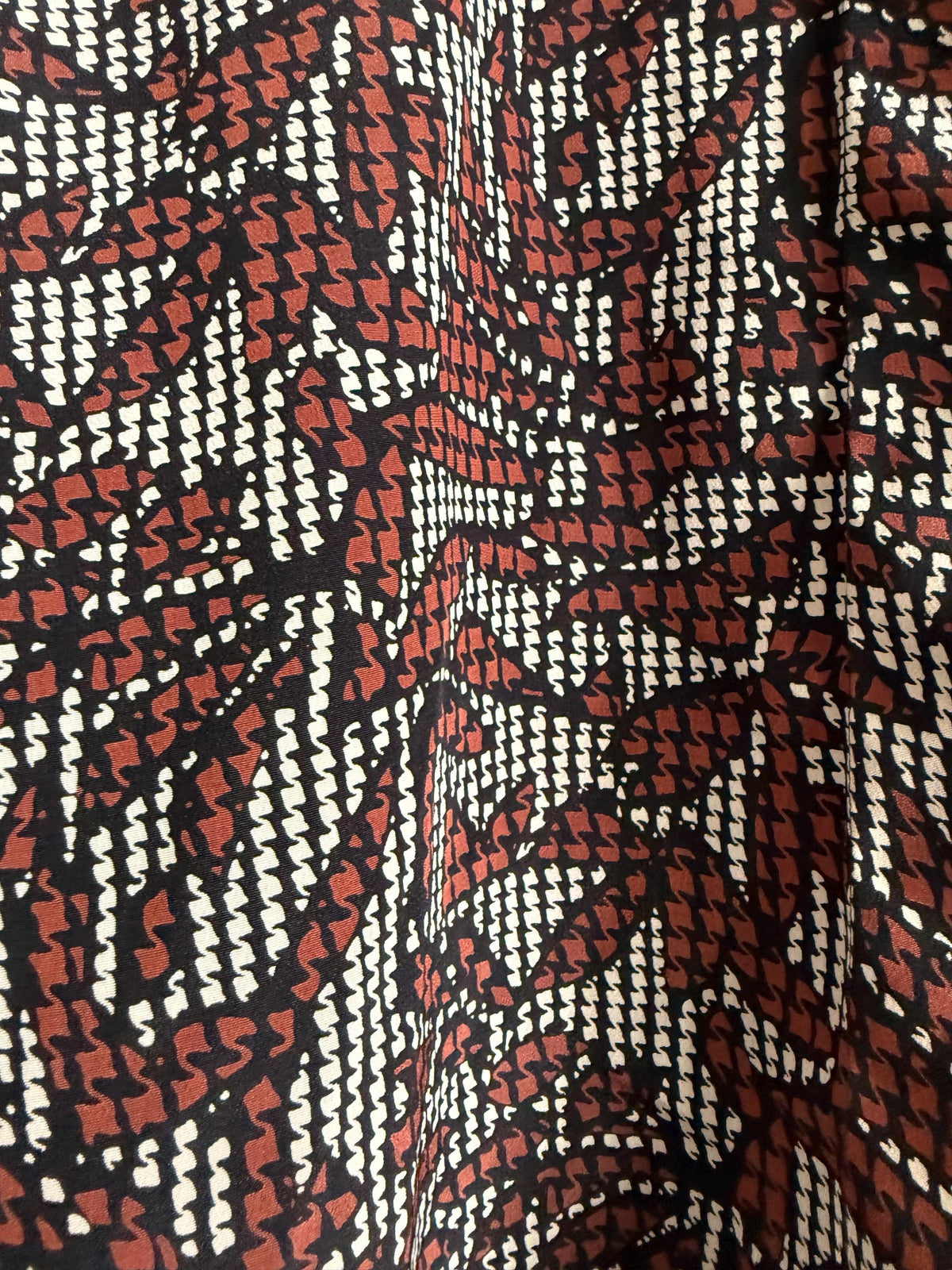 Vintage 90s Abstract Print Blouse | Rust Brown Geometric Button Up Top