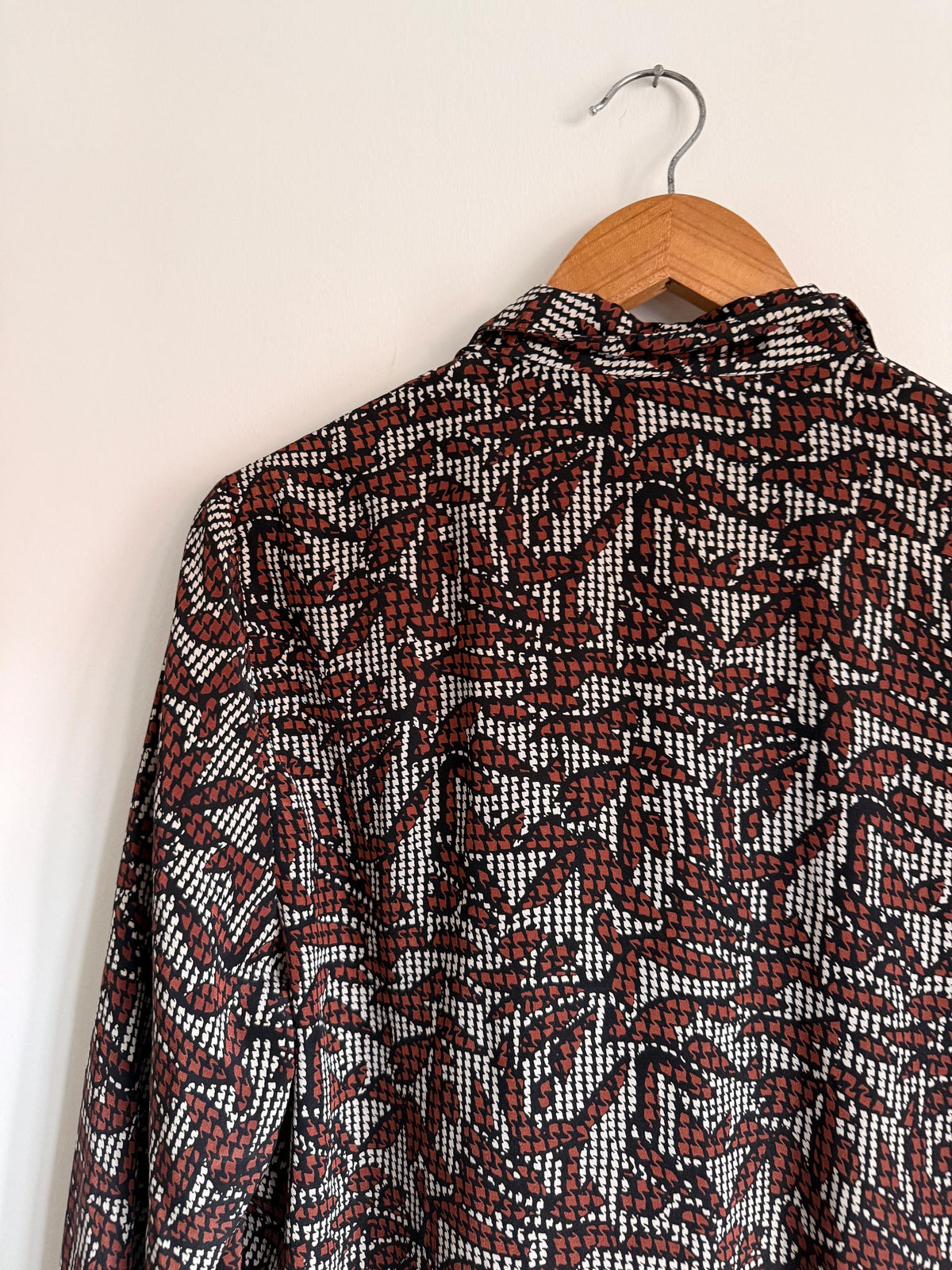 Vintage 90s Abstract Print Blouse | Rust Brown Geometric Button Up Top