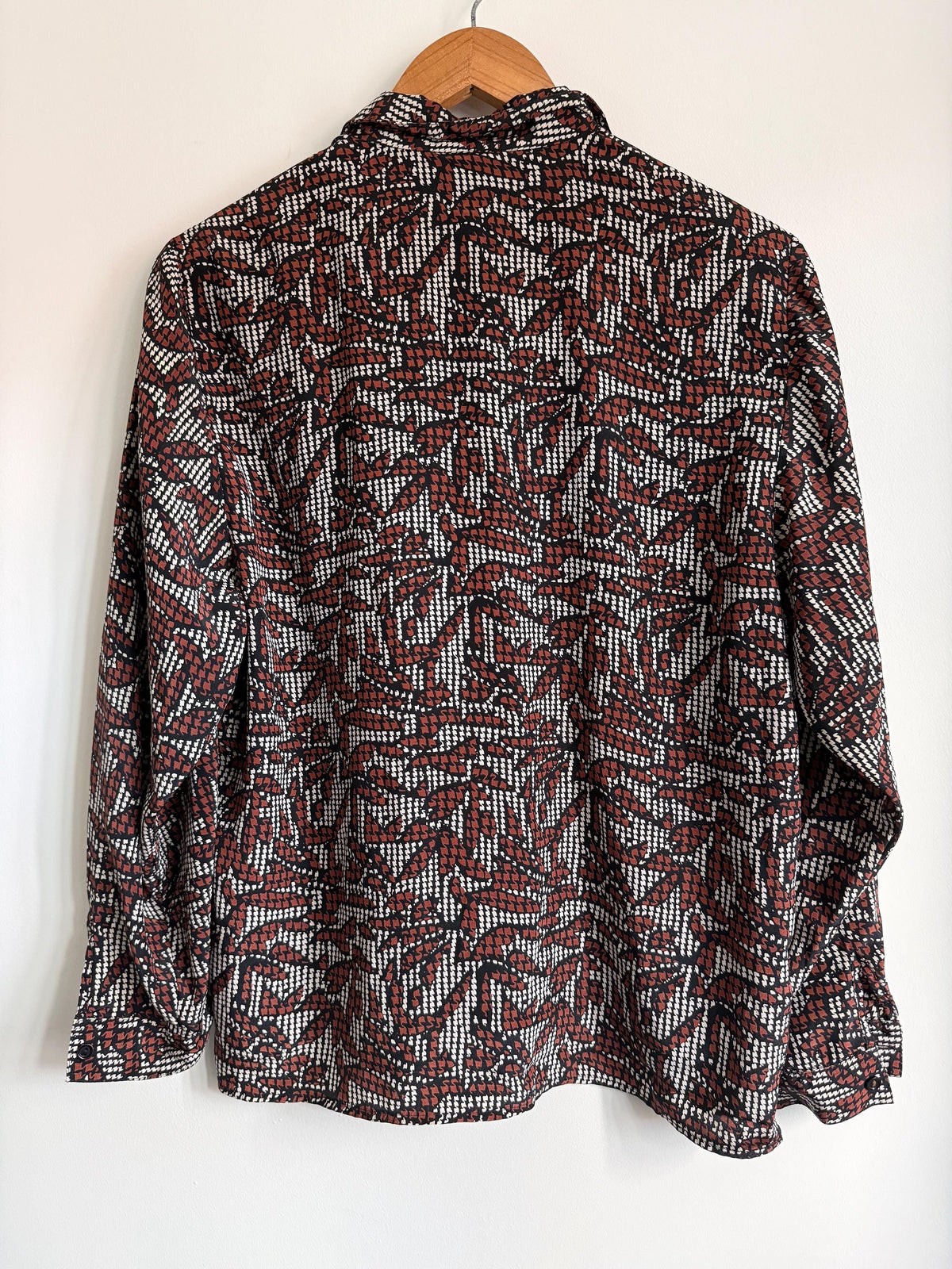 Vintage 90s Abstract Print Blouse | Rust Brown Geometric Button Up Top
