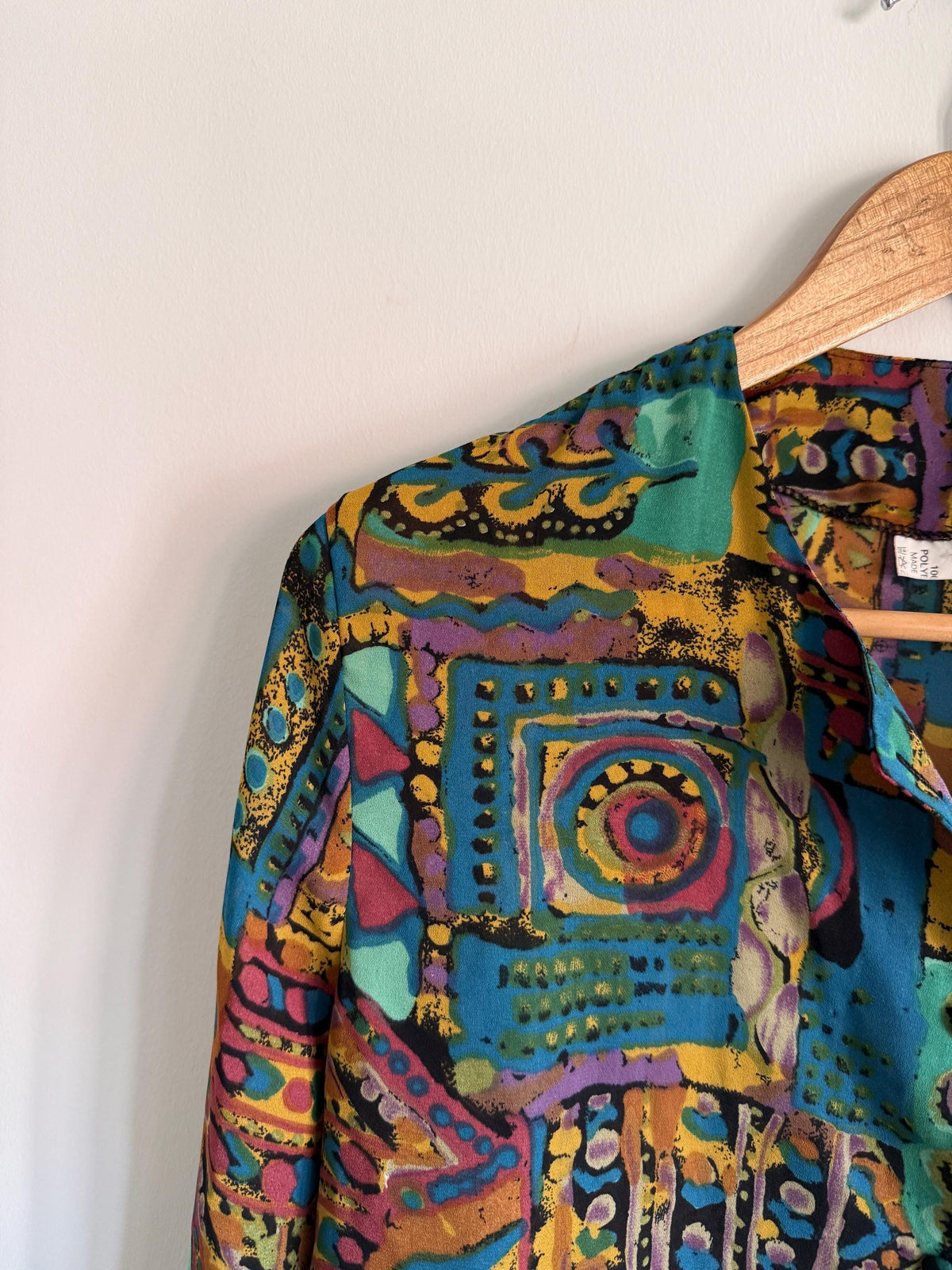 Vintage 90s Abstract Geometric Print Blouse | Teal Purple Festival Shirt
