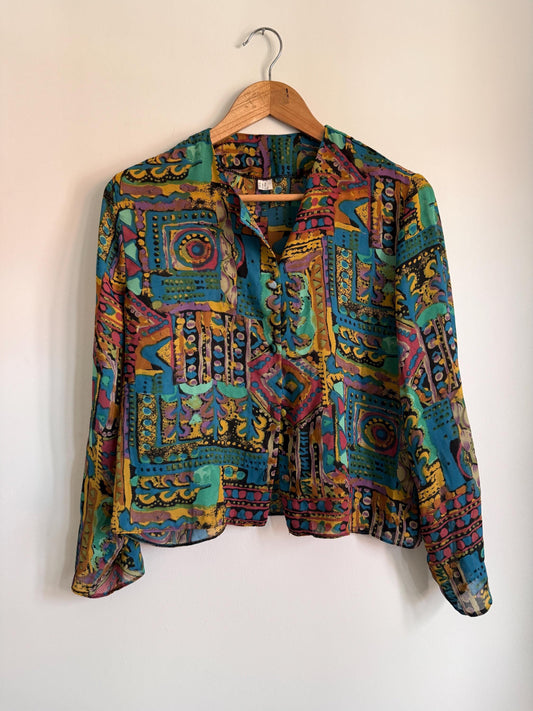 Vintage 90s Abstract Geometric Print Blouse | Teal Purple Festival Shirt