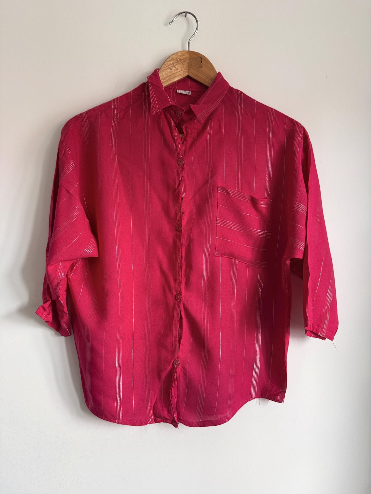 Vintage Raspberry Pink Metallic Stripe Blouse | 80s Shimmer Button-Up Shirt | Retro Short Sleeve Blouse