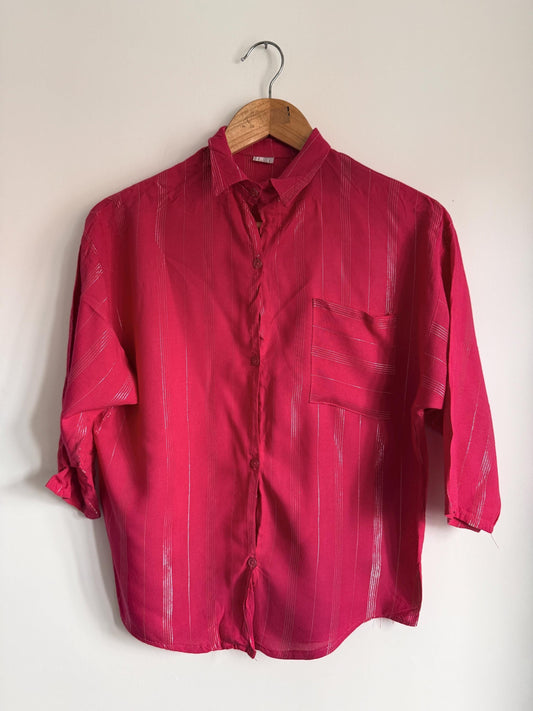 Vintage Raspberry Pink Metallic Stripe Blouse | 80s Shimmer Button-Up Shirt | Retro Short Sleeve Blouse