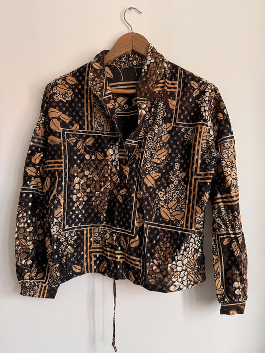 Vintage Floral Patchwork Tie Waist Blouse | Brown & Gold Metallic Print Shirt | Boho 80s Top