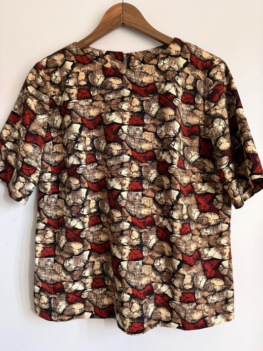 Vintage 60s 70s Abstract Print Blouse Brown Rust Cream UK 16