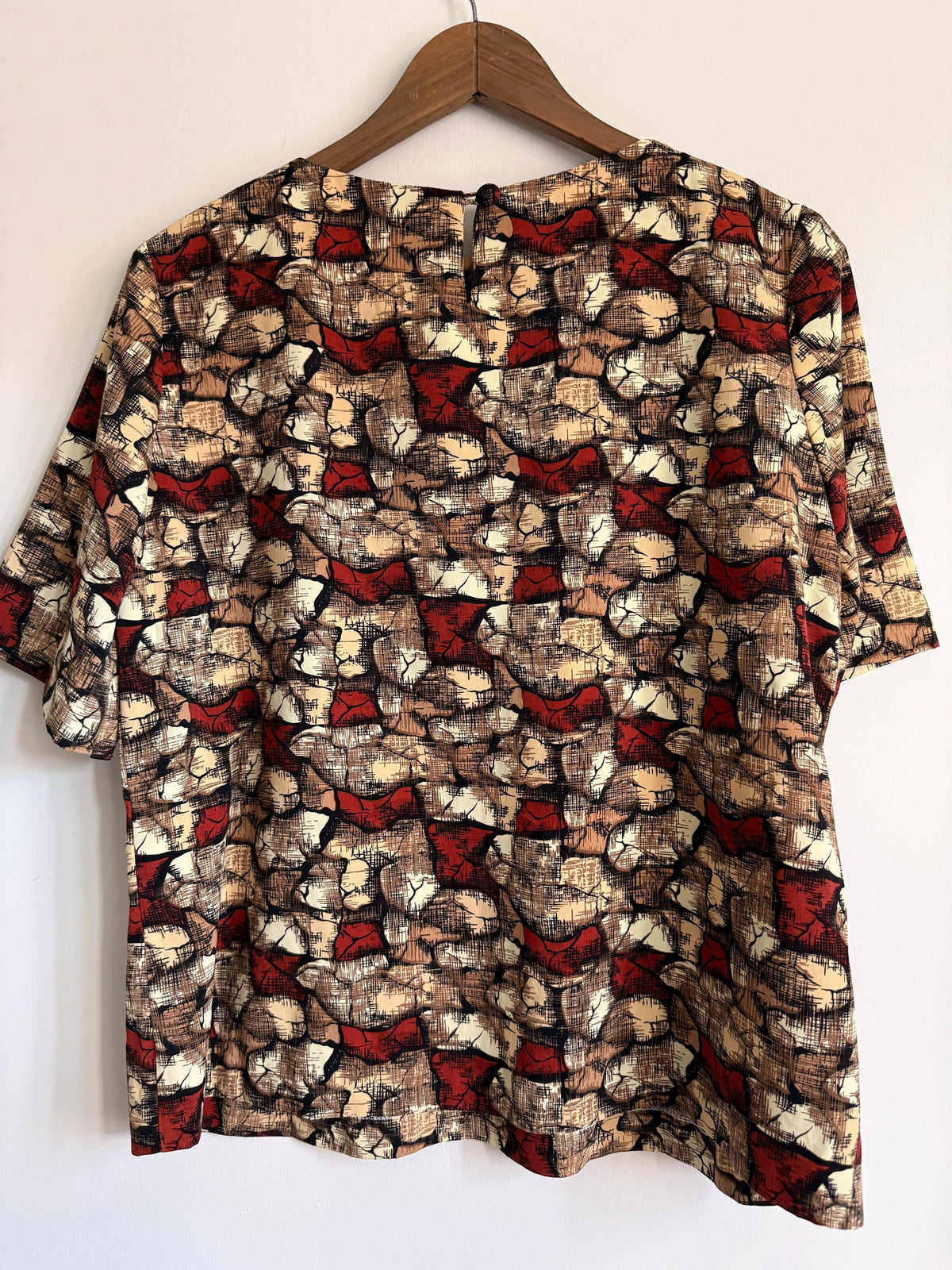 Vintage 60s 70s Abstract Print Blouse Brown Rust Cream UK 16