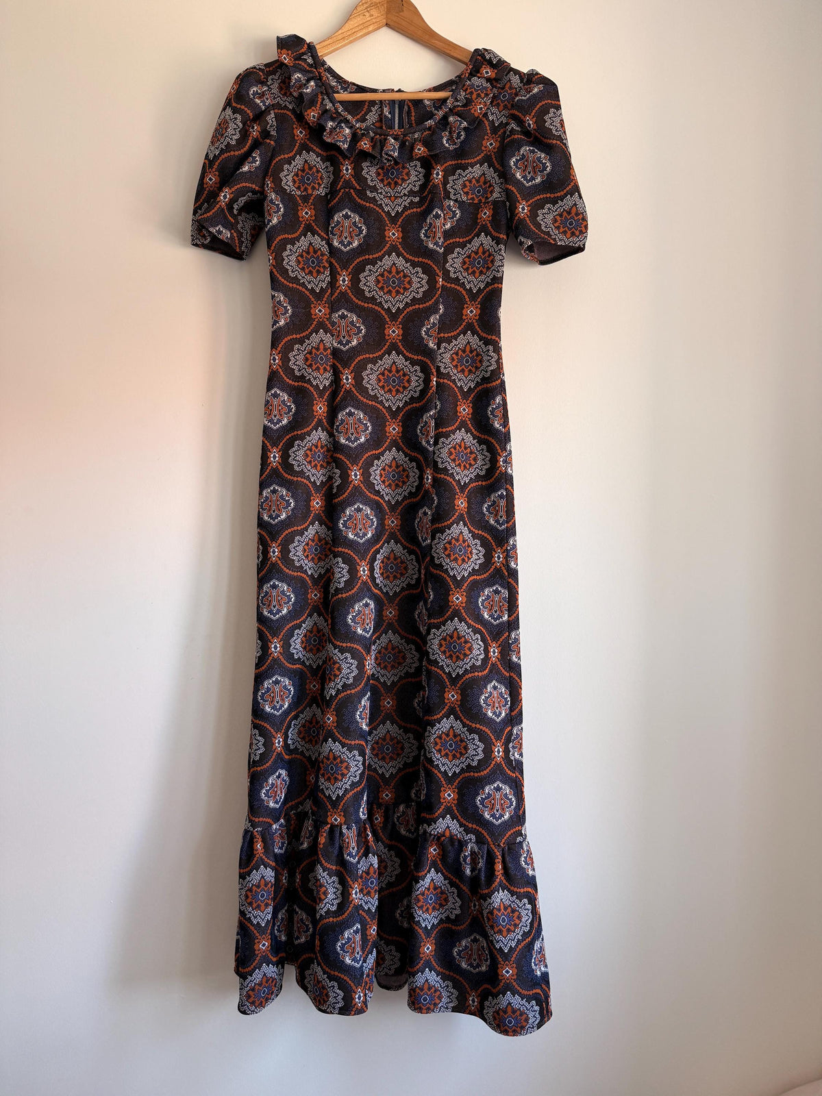 1970s Geometric Paisley Maxi Dress | Ruffle Hem Boho Retro Style