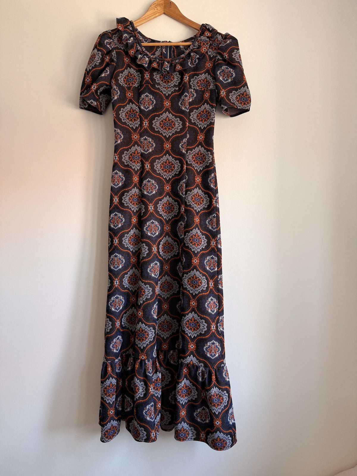 1970s Geometric Paisley Maxi Dress | Ruffle Hem Boho Retro Style