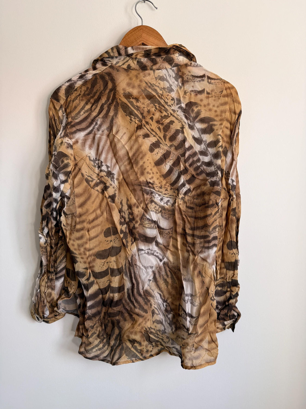 Vintage 90s Animal Print Blouse | Safari Print Shirt, Leopard Zebra Tiger Print Top, Sheer Button Up Blouse, Oversized Neutral Women's Shirt