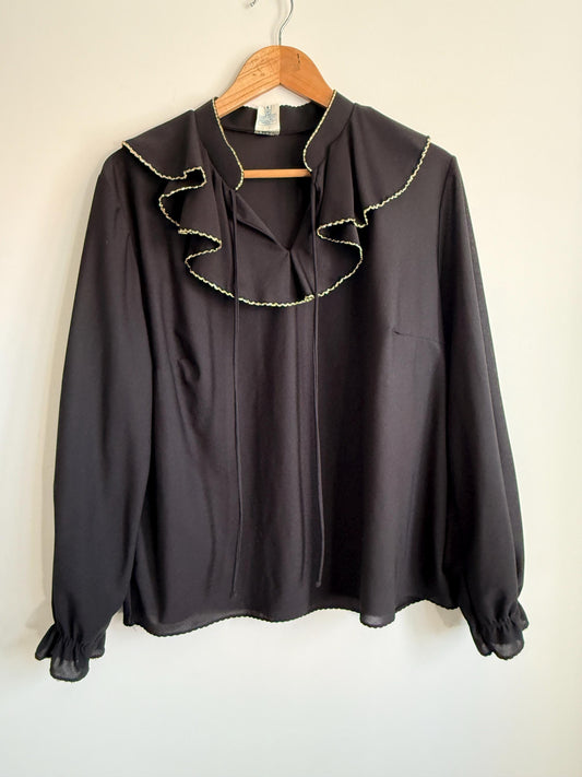 Vintage Black Ruffle Blouse | Gold Trim Pussy Bow Top | 70s Secretary Blouse | Long Sleeve Chiffon Blouse | Romantic Vintage Shirt
