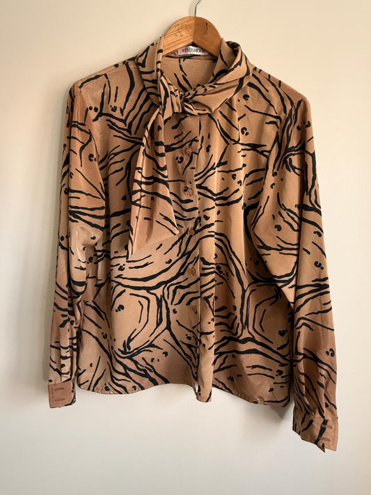 Vintage Windsmoor Abstract Pussy Bow Blouse | 80s Tan & Black Printed Shirt | Secretary Blouse | Long Sleeve Office Top | UK 12-14