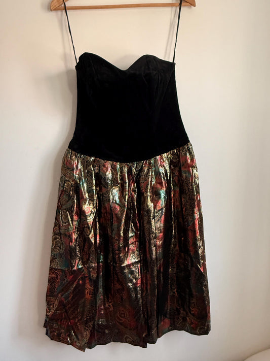 Vintage Black Velvet Sweetheart Dress | Metallic Brocade Skirt | 1980s Party Wear