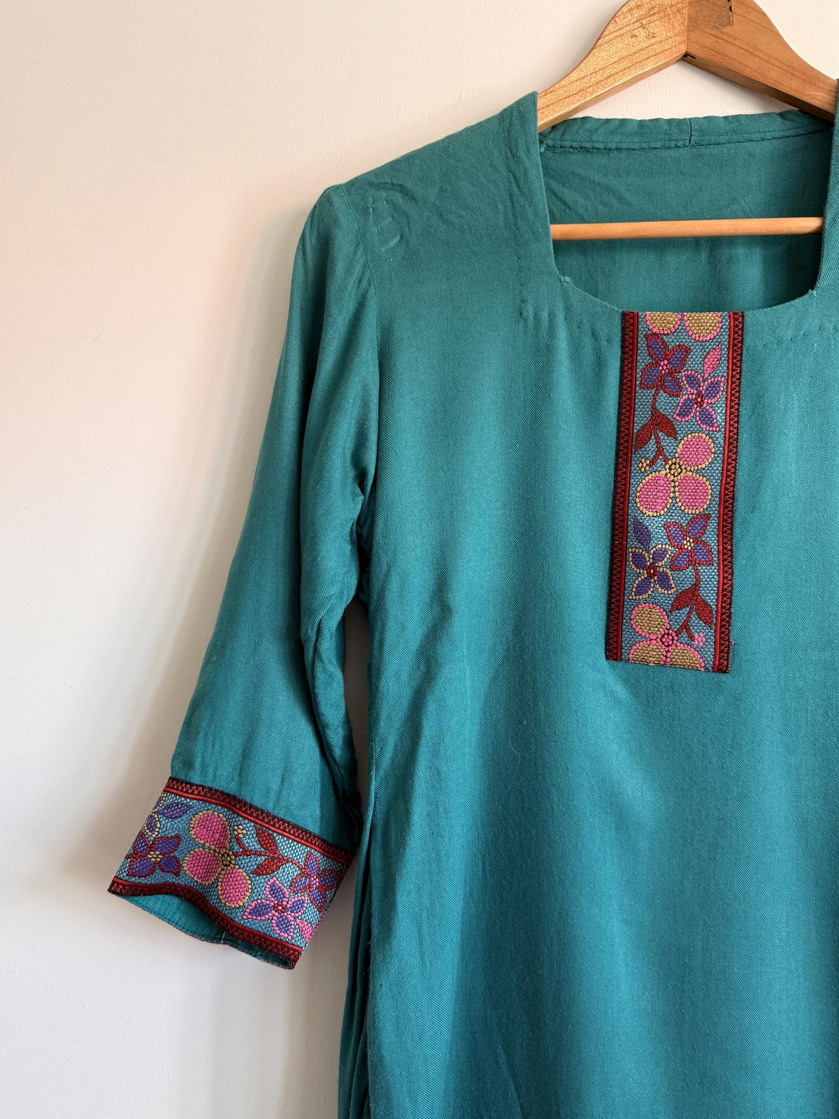 Vintage Teal Cotton Embroidered Tunic Dress | Boho Folk Midi Festival Style