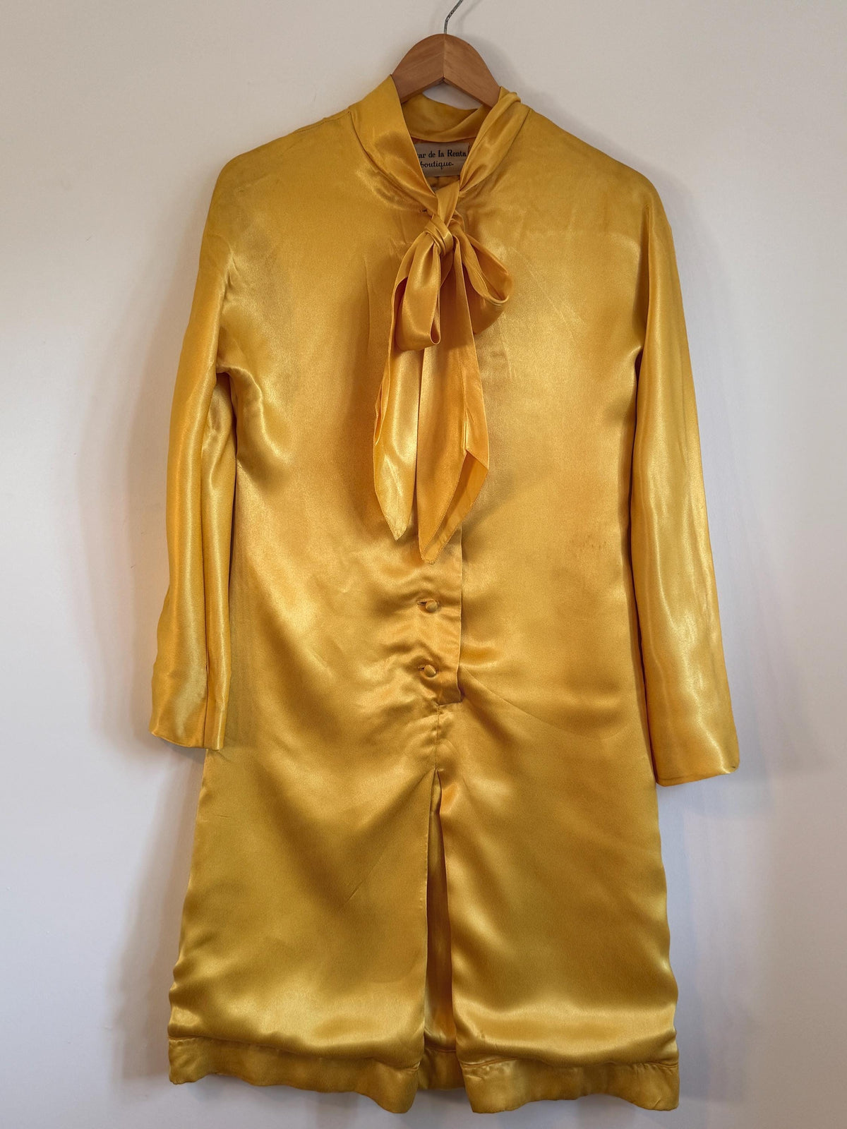 Vintage Oscar de la Renta Boutique Silk Dress Golden Satin Pussy Bow Cocktail Dress Designer Evening Dress Luxury Vintage Occasion Dress