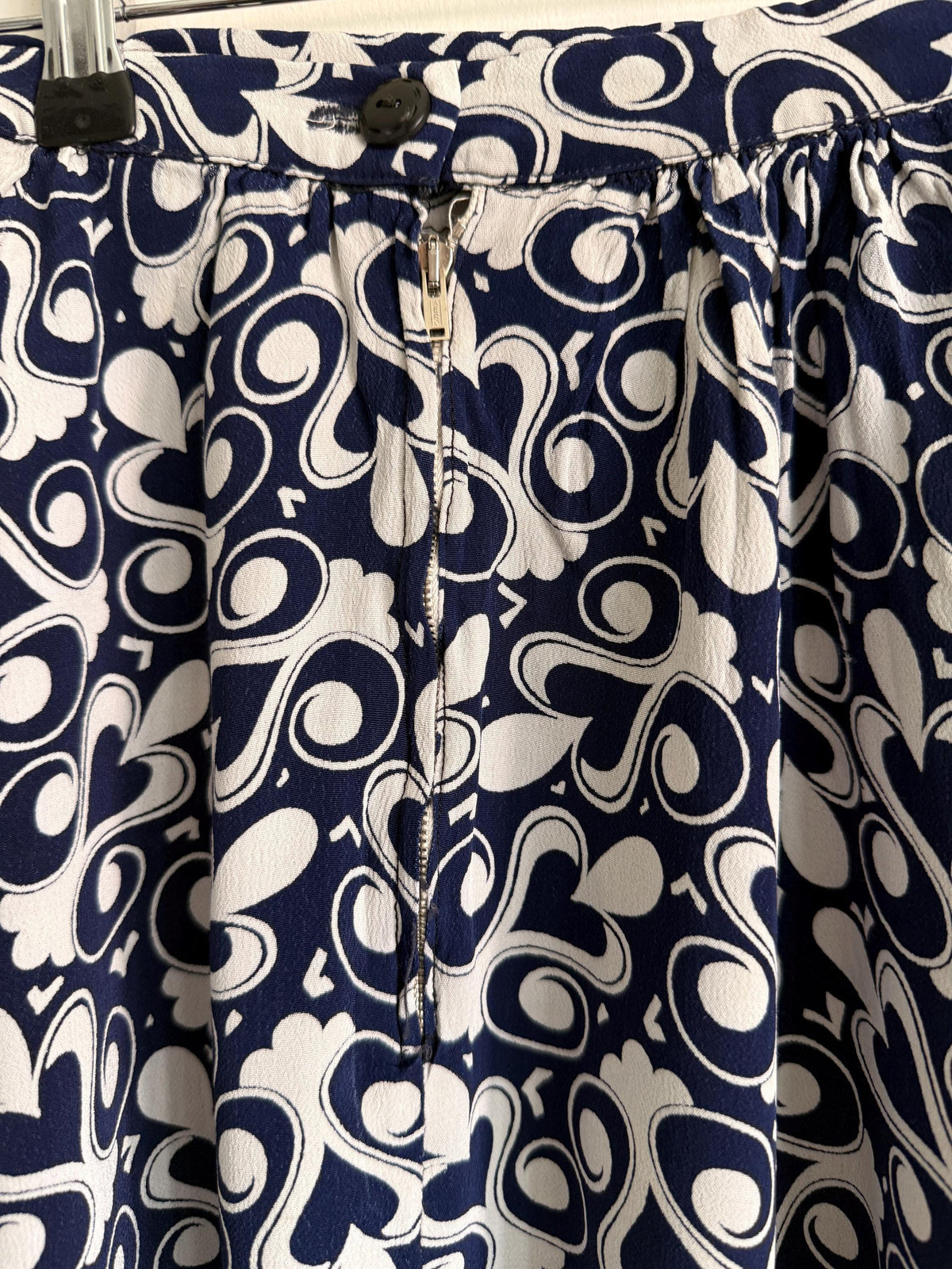 Vintage 1970s Blue White Graphic Midi Skirt | Mod Boho A-Line Silhouette