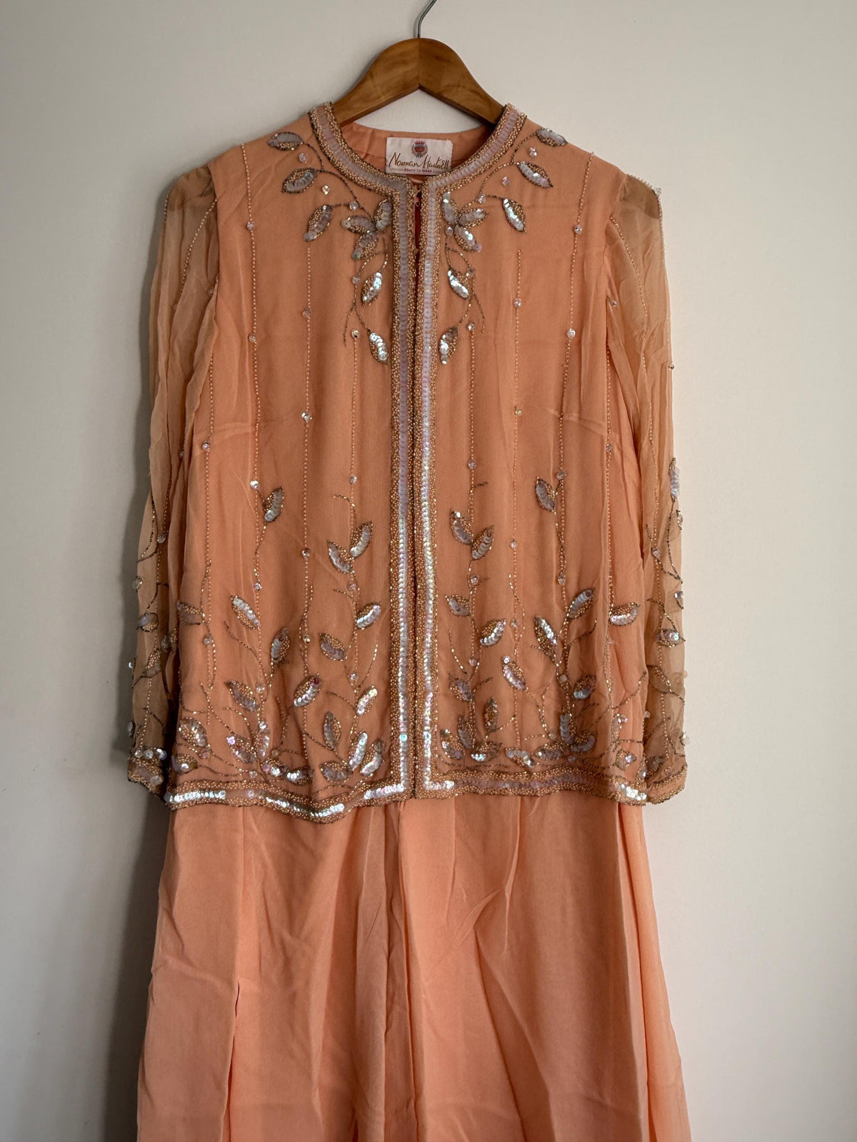 Vintage Norman Hartnell Dress Chiffon Ensemble Gown Chiffon, Vintage Norman Hartnell - Ready to Wear - Peach
