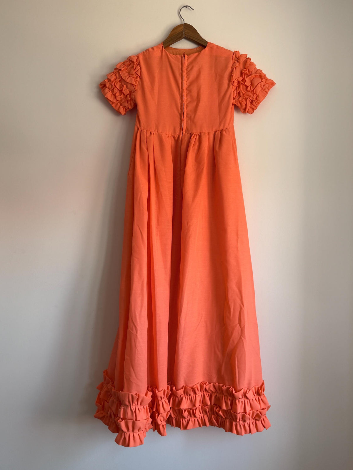 1970s Coral Maxi Dress | Ruffle Sleeve Boho Prairie Occasion Dress