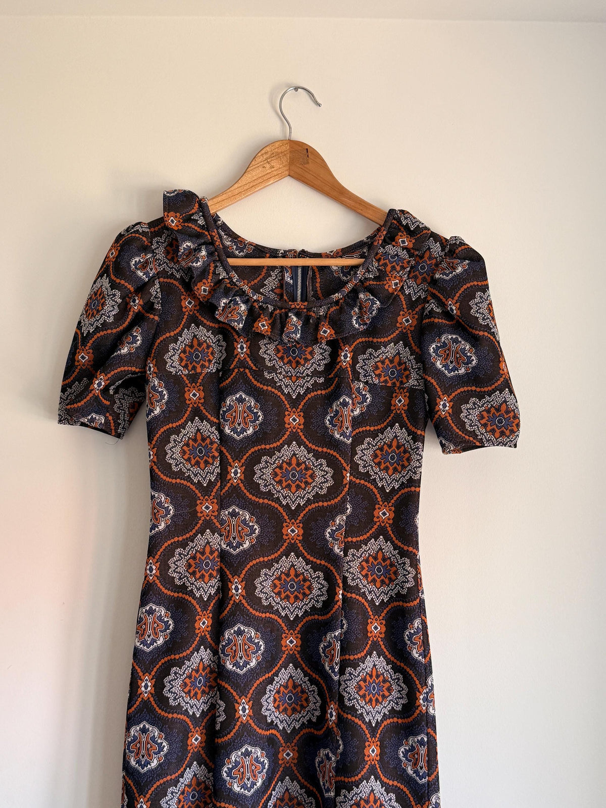 1970s Geometric Paisley Maxi Dress | Ruffle Hem Boho Retro Style