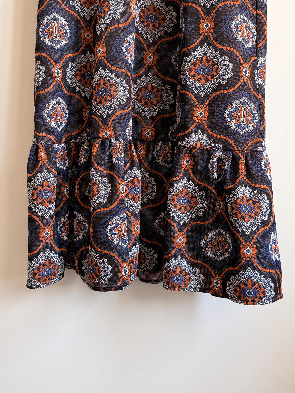 1970s Geometric Paisley Maxi Dress | Ruffle Hem Boho Retro Style