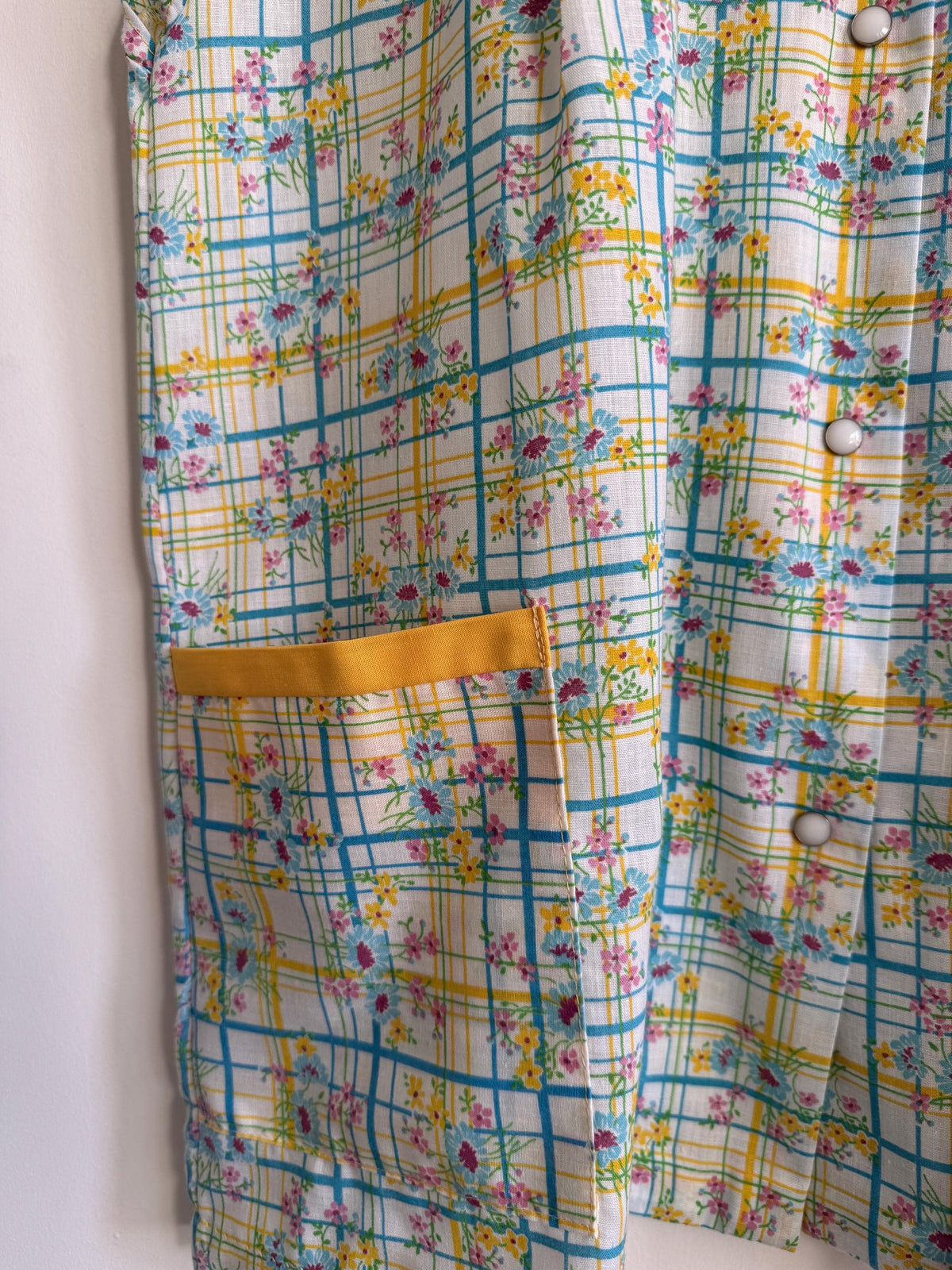 Vintage Floral Check Sleeveless Blouse Yellow Floral Cotton Top Retro Summer Shirt Cottagecore 1970s Style Button Front UK16