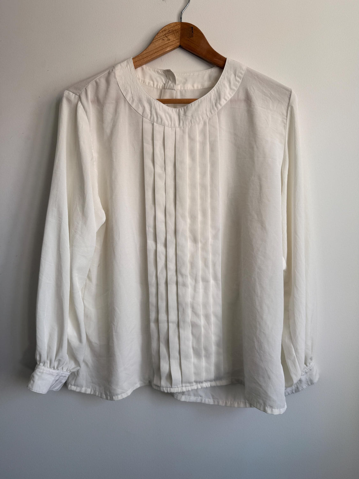 Vintage Cream Pleated Blouse | Minimalist Long Sleeve Ivory Top | Back Button Fastening