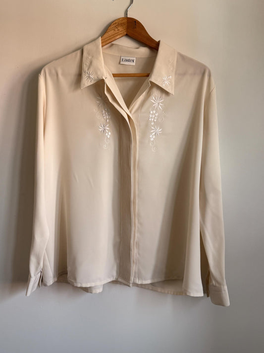 Vintage Eastex Cream Embroidered Blouse | Ivory Floral Pintuck Shirt