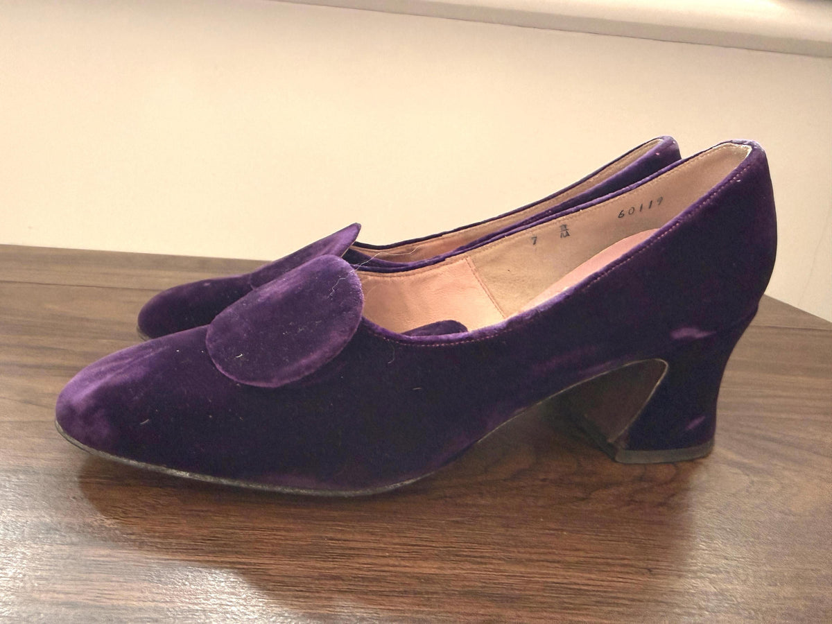 Vintage Purple Velvet Court Shoes | 1960s 1970s Block Heel, All Leather Lining
