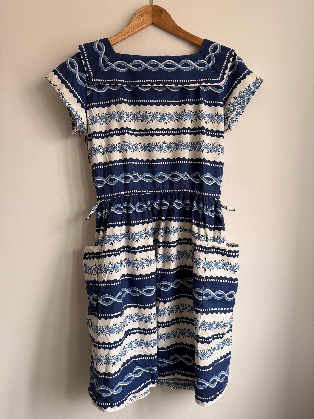 1950s Blue Floral Cotton Dress | Scandinavian Folk Print, Sailor Collar, Belted Day Dress