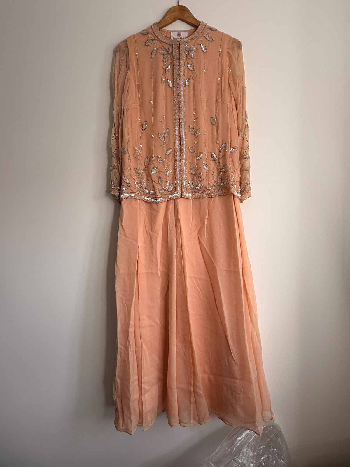 Vintage Norman Hartnell Dress Chiffon Ensemble Gown Chiffon, Vintage Norman Hartnell - Ready to Wear - Peach
