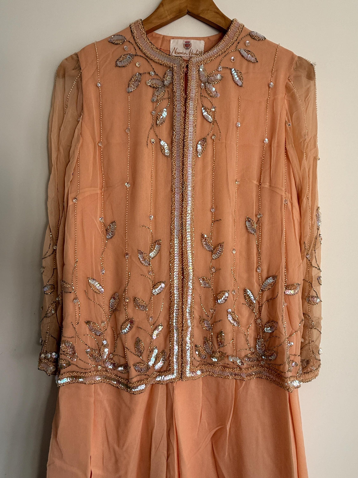 Vintage Norman Hartnell Dress Chiffon Ensemble Gown Chiffon, Vintage Norman Hartnell - Ready to Wear - Peach