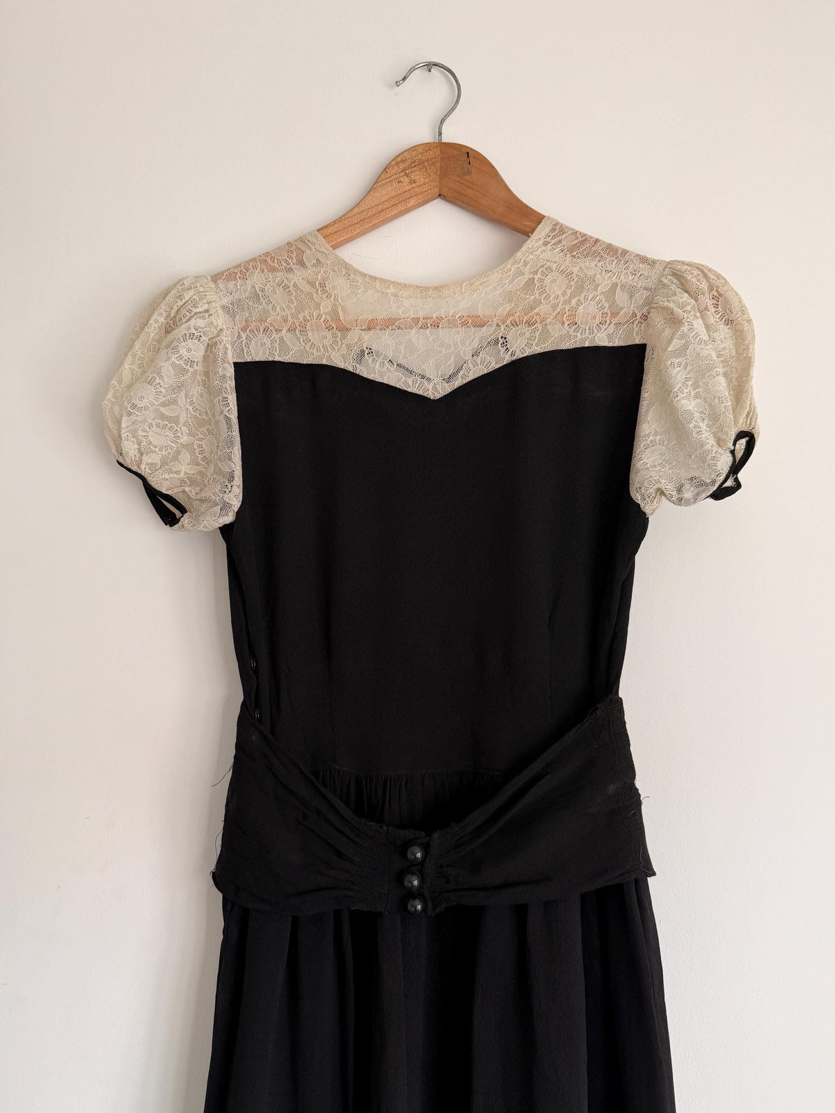 Vintage 1930s Black Crepe Lace Yoke Puff Sleeve Dress | Art Deco Evening Gown