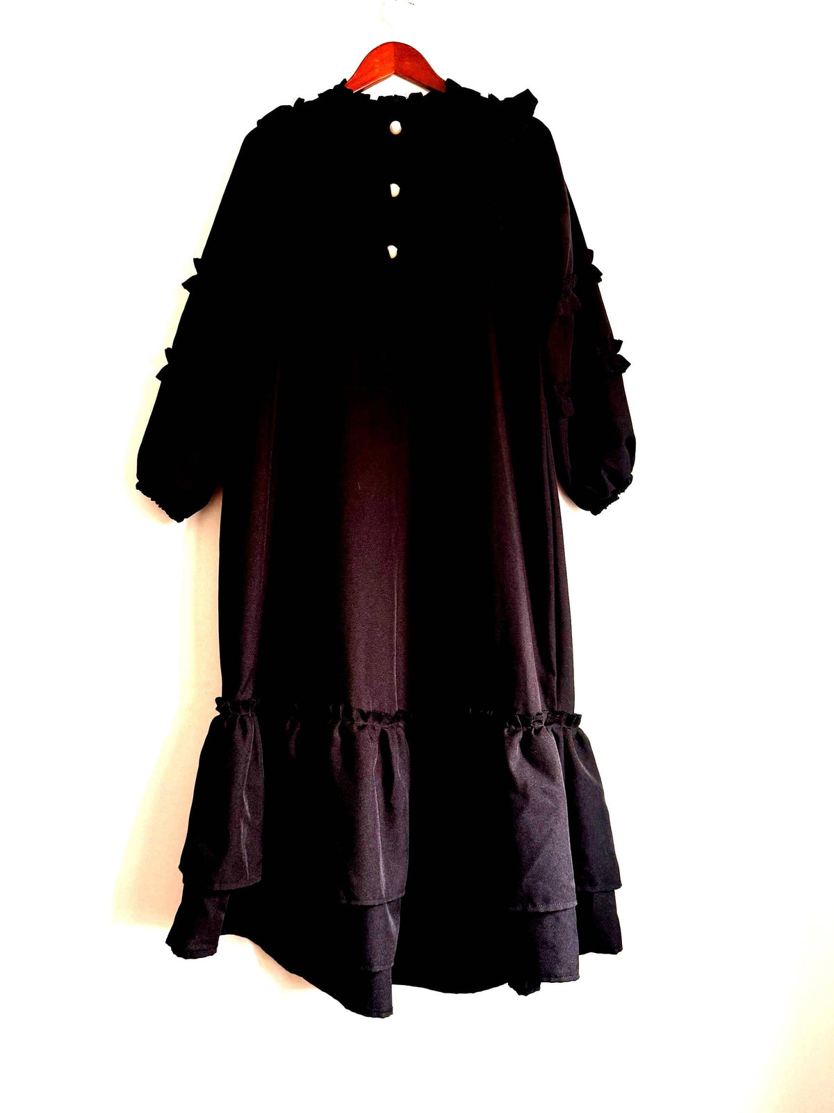 Vintage 1970s Siskou Woman Black Ruffle Maxi Dress | Portuguese Prairie Gothic Dress UK18-20