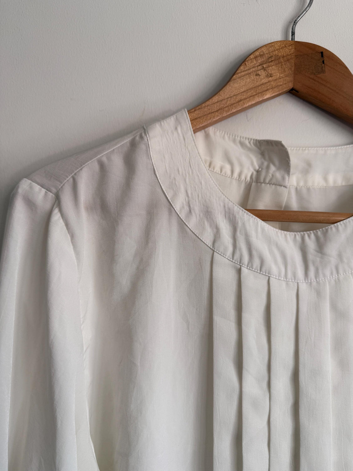 Vintage Cream Pleated Blouse | Minimalist Long Sleeve Ivory Top | Back Button Fastening