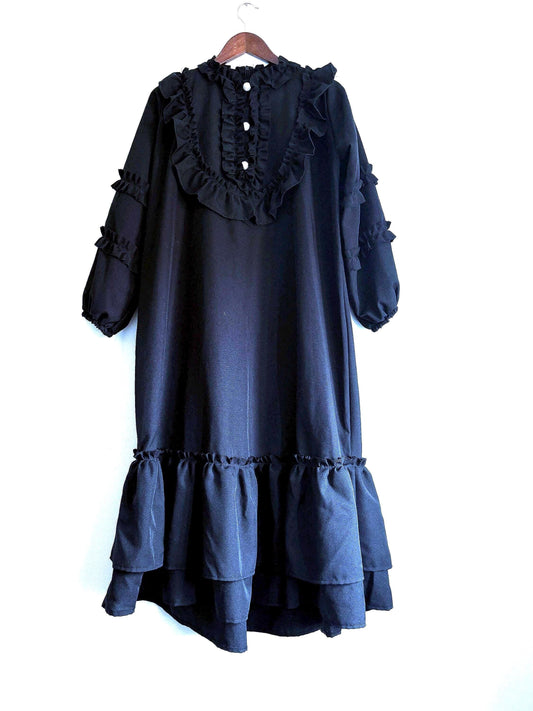 Vintage 1970s Siskou Woman Black Ruffle Maxi Dress | Portuguese Prairie Gothic Dress UK18-20