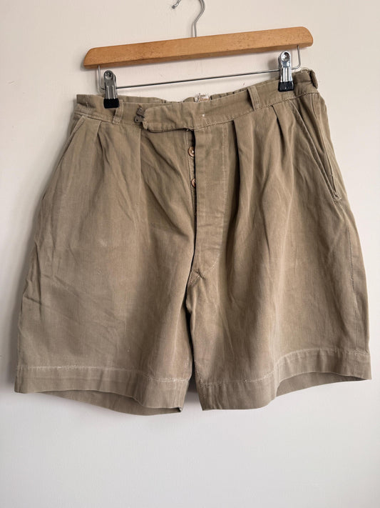 Vintage British Khaki Cotton Drill Shorts UWIN Made in England R F Carter Jonas Named Military Style