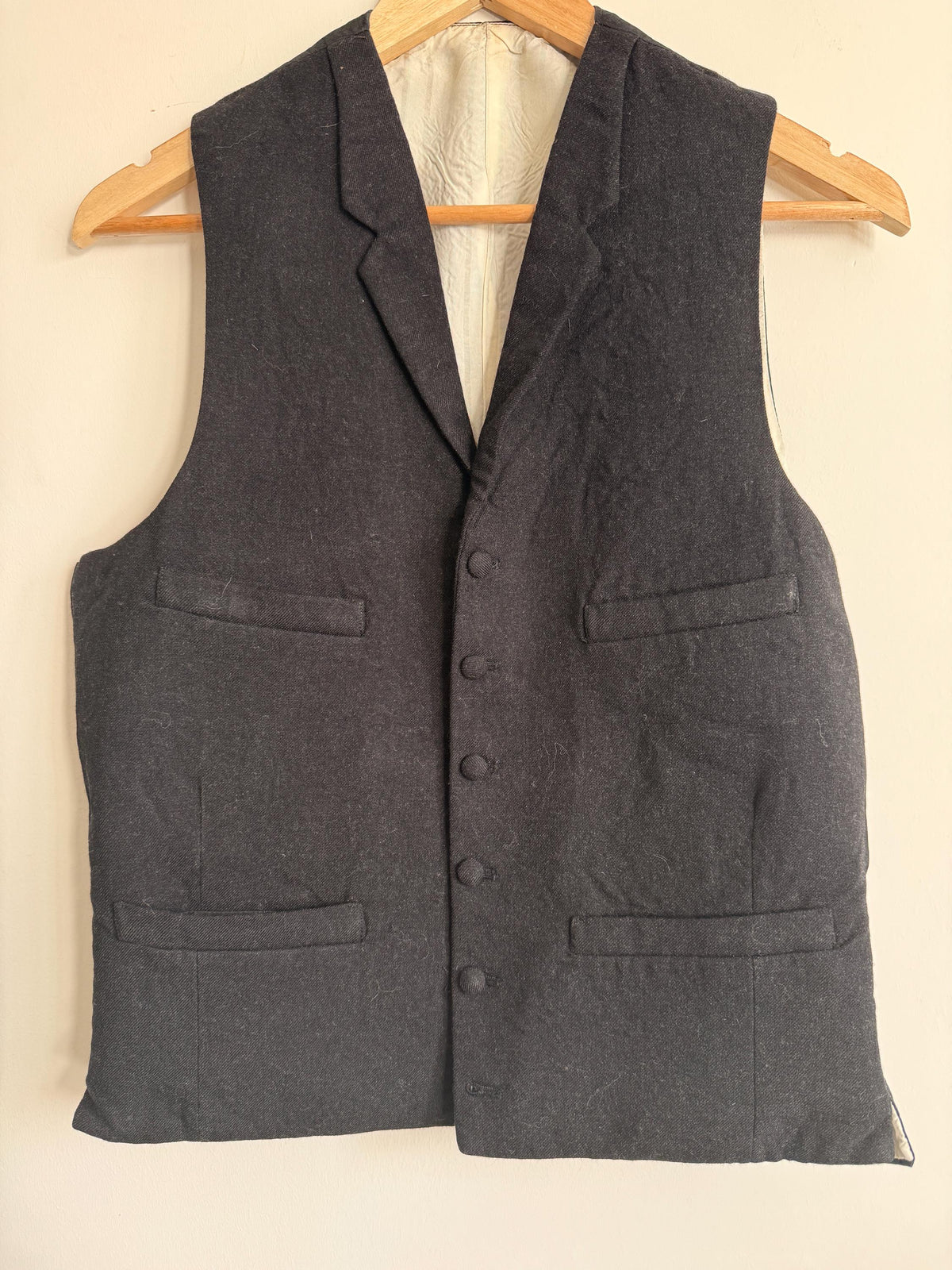 Vintage 1930s-40s Men's Black Wool Waistcoat, Figured Satin Back Lapel Vest