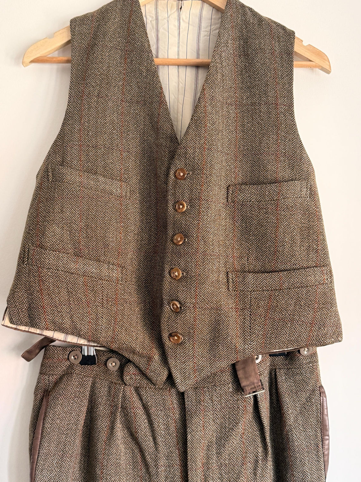 Vintage Bespoke Tweed Suit: Herringbone Waistcoat & Trousers, Tailored Country Gentleman