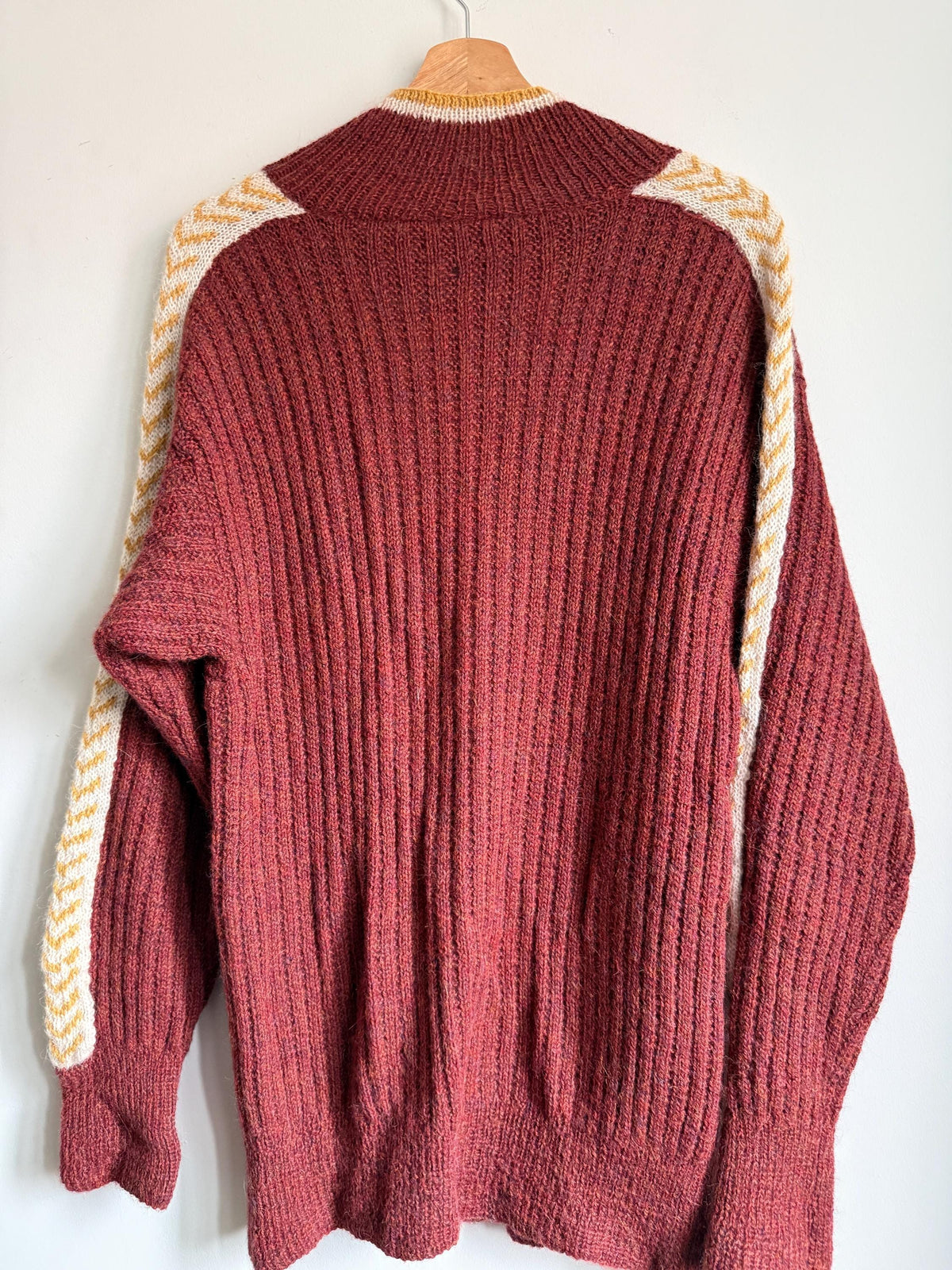 Vintage 1950s Wool Zip Cardigan – Burgundy Ski Sweater – Contrast Stripe Chunky Knit Jacket – Unisex