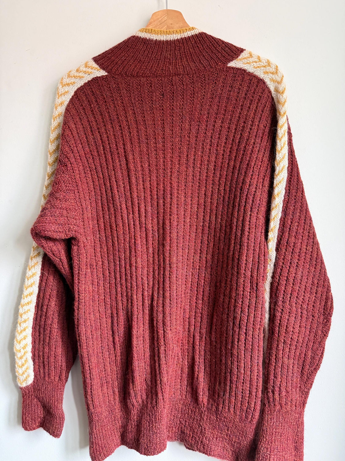 Vintage 1950s Wool Zip Cardigan – Burgundy Ski Sweater – Contrast Stripe Chunky Knit Jacket – Unisex