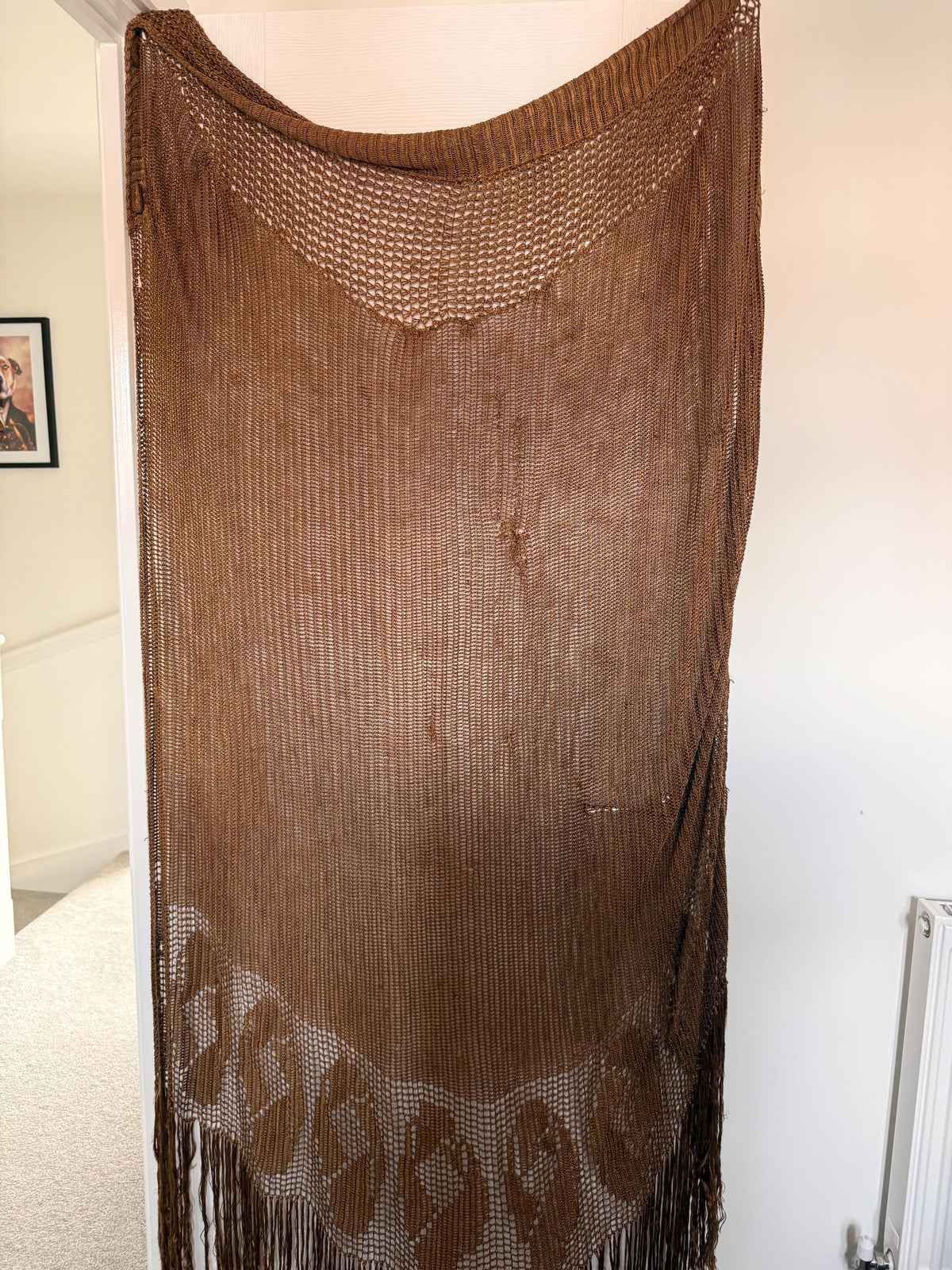 Vintage 1930s Bronze Crochet Piano Shawl 40 x 65 Inch Floral Rose Fringe Art Deco Evening Wrap
