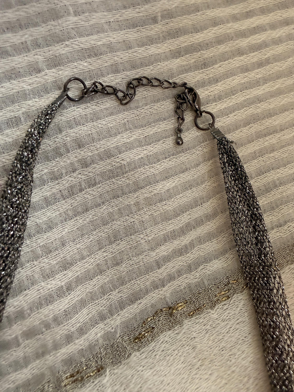 Vintage 1990s Gunmetal Mesh Necklace, Long Silver Statement Necklace, Netted Crystal Bead Jewellery, 90s Evening Necklace