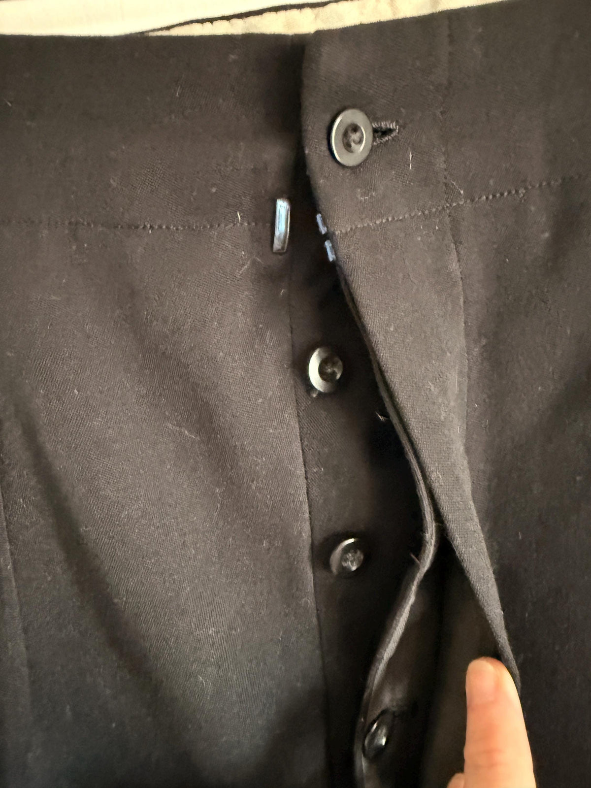 1930s 1940s Vintage Womens Black Wool Trousers – High Waist Pleated Button Fly – Side Adjusters