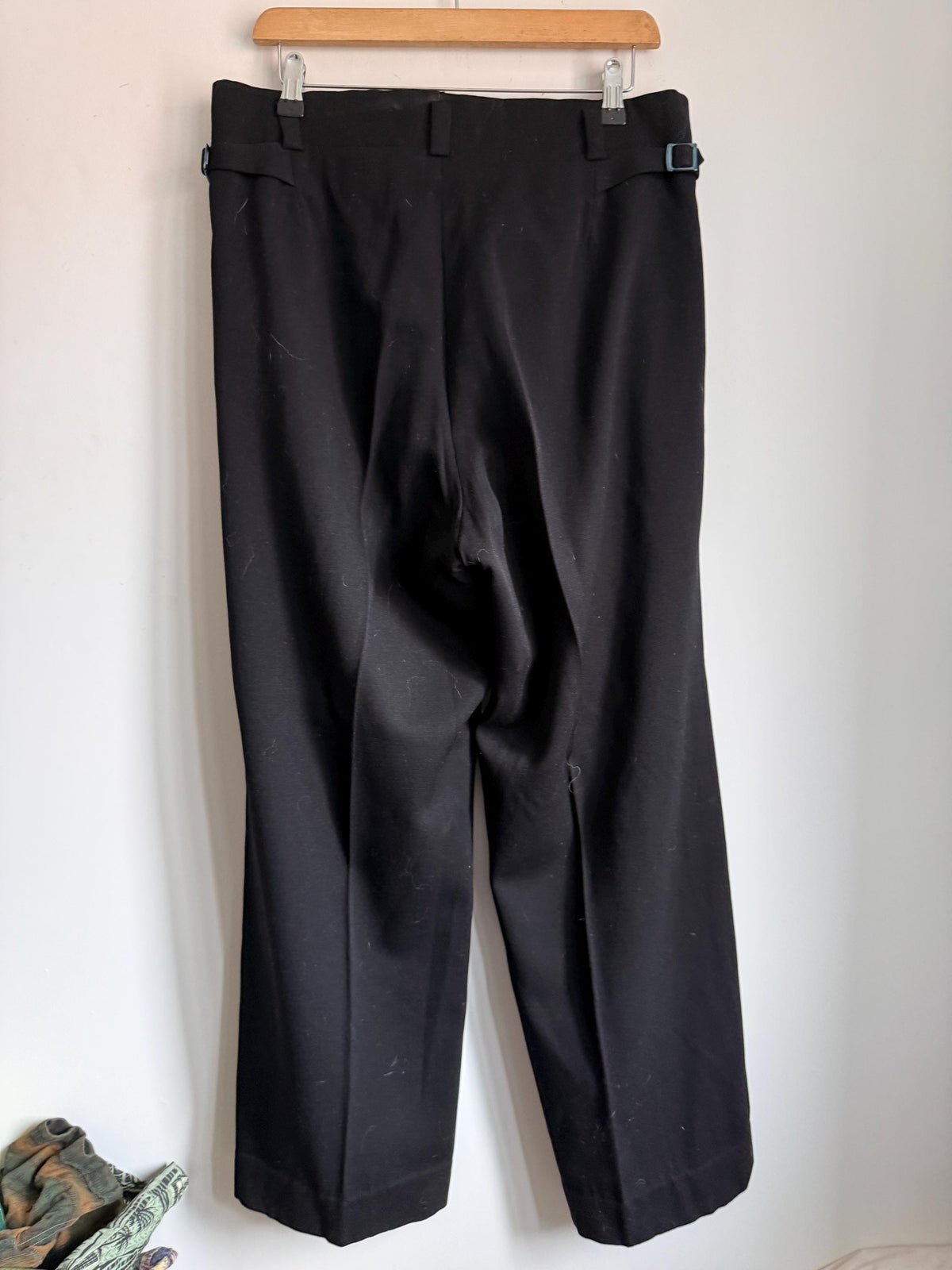 1930s 1940s Vintage Womens Black Wool Trousers – High Waist Pleated Button Fly – Side Adjusters